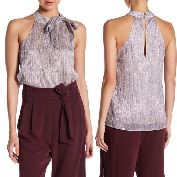 Parker | NWT Blush Pink Silver Metallic Tie Neck A-line Sleeveless Blouse - Picture 1 of 10